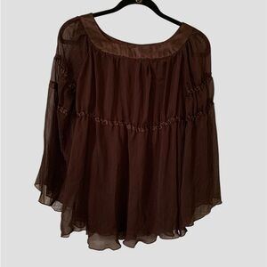 Women’s Brown Peasant Blouse With Metallic Details and Sheer Sleeves Size Small